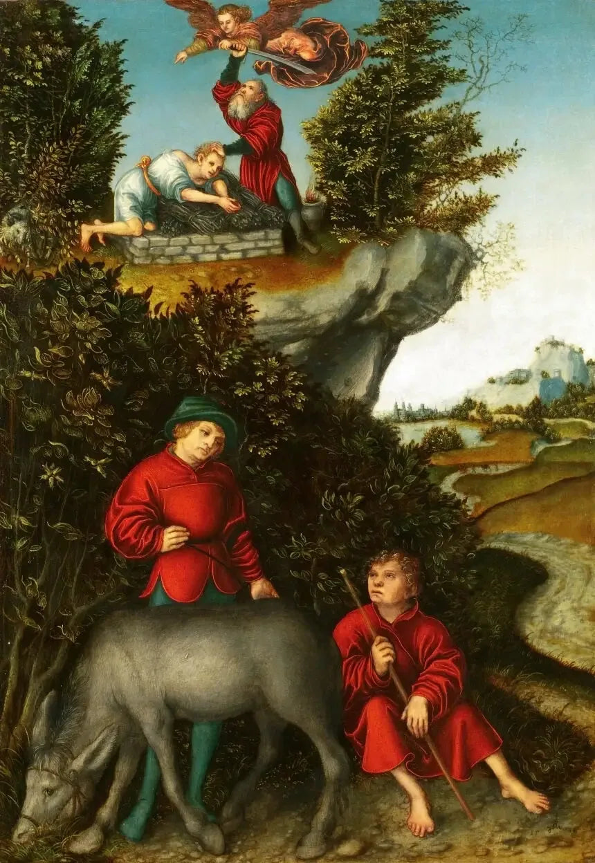 Le sacrifice d'Abraham : Un ange empêche Abraham de sacrifier Isaac ; les serviteurs attendent au pied de la montagne (Genèse 22:10-12) - Lucas Cranach the Elder
