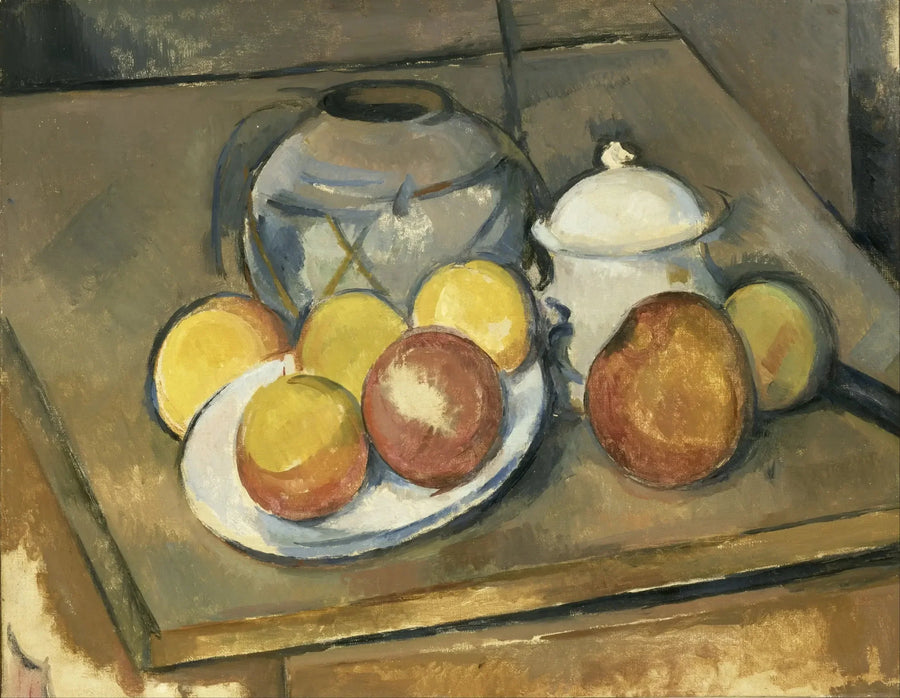 Le vase paillé, sucrier et pommes - Paul Cézanne