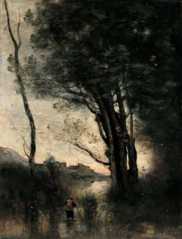 Les chevriers traversant une rivière à gué. Souvenir d'Italie - Jean-Baptiste Camille Corot image 1 copie de tableau peinte à la main
