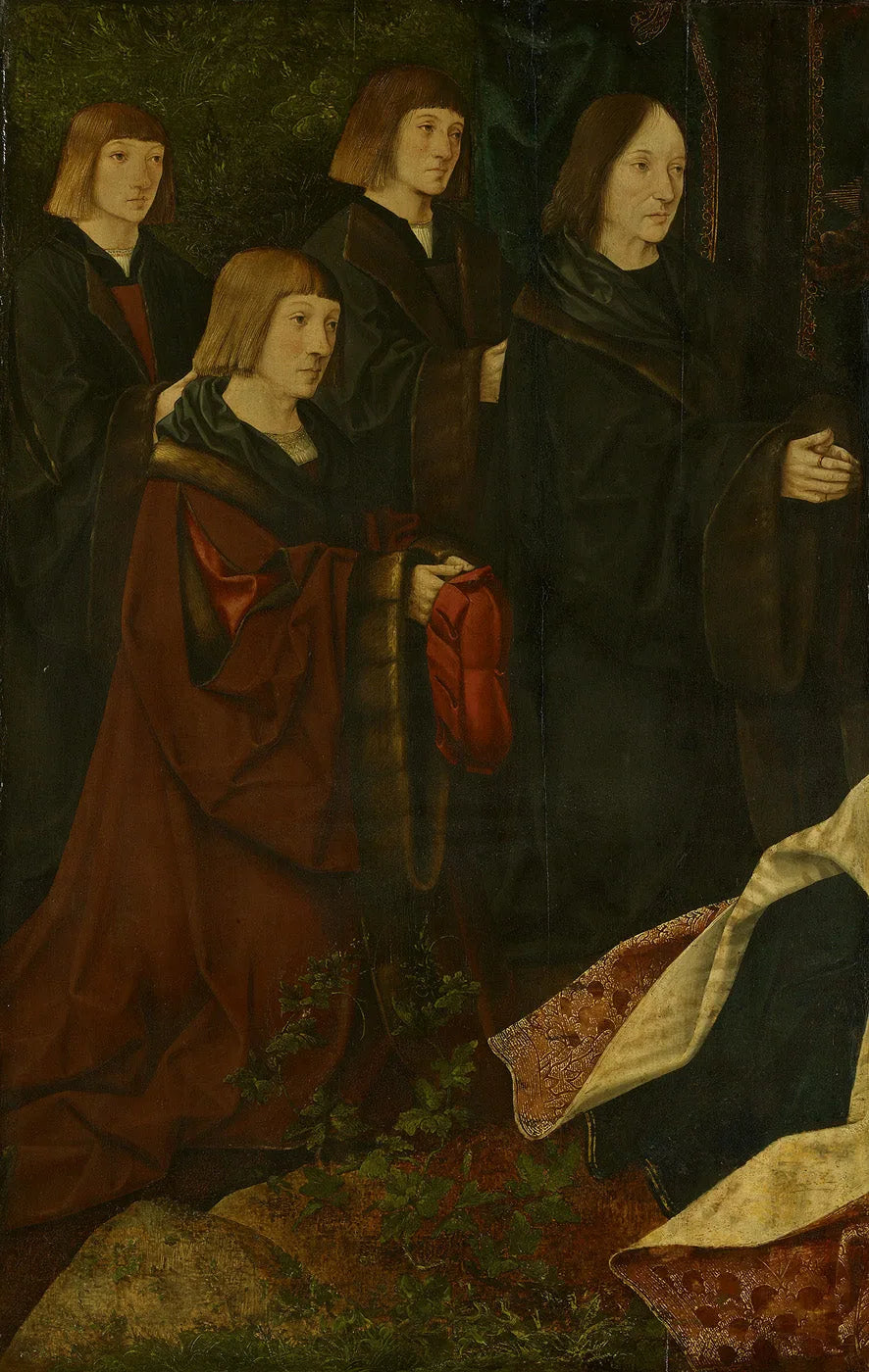 Les donateurs Korsgen Elbertzen et ses fils Dirck et Albert sont à gauche, avec les donneuses à droite. - Jacob Cornelisz van Oostsanen