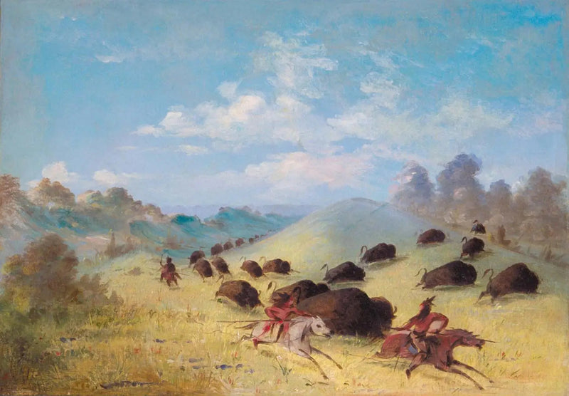 Les Indiens Comanches chassant le bison avec des lances et des arcs - George Catlin