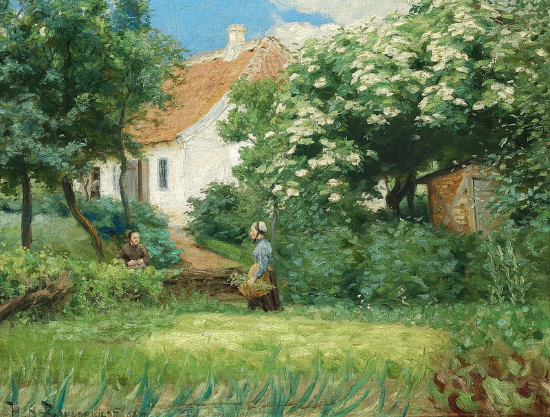 L'été au jardin. Deux femmes discutent près d'un châtaignier en fleurs. - H. A. Brendekilde