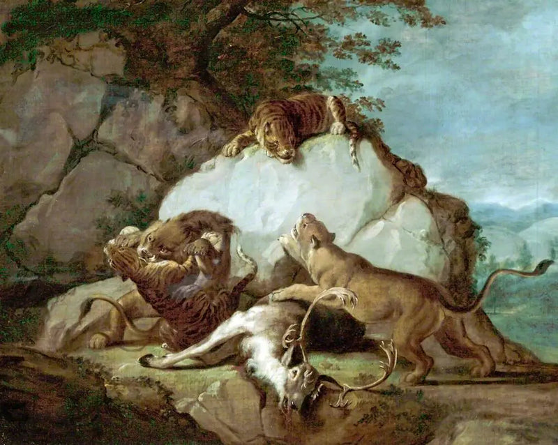 Lions et tigres se battant pour un cerf - George Stubbs