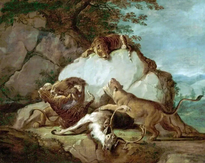Lions et tigres se battant pour un cerf - George Stubbs