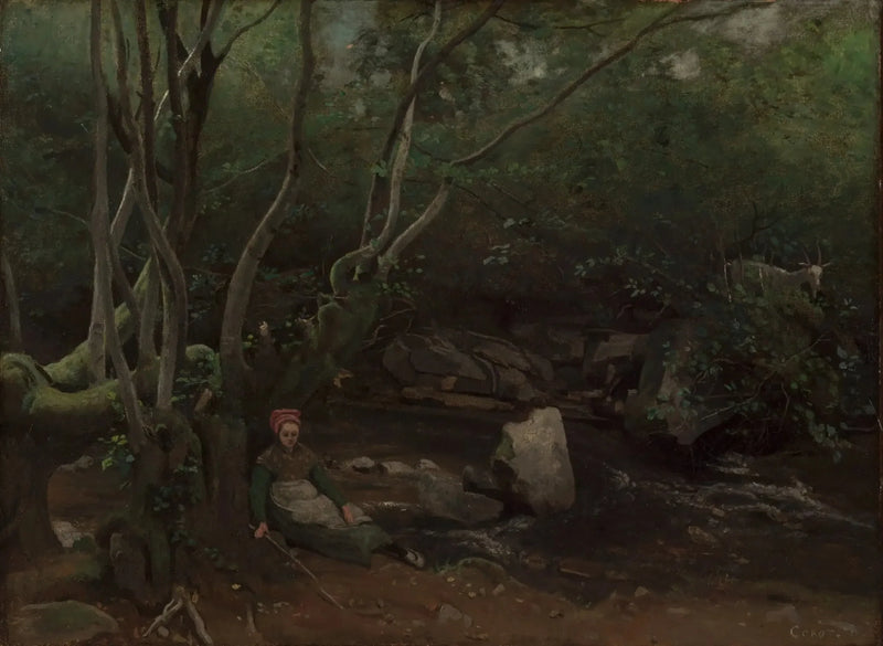 Lormes, Une chevrière assise au bord d'un torrent sous bois - Jean-Baptiste Camille Corot