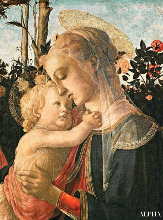 Madone et enfant avec saint Jean Baptiste, détail de la Madone et de l'enfant - Sandro Botticelli - Reproductions de tableaux et peintures haut de gamme