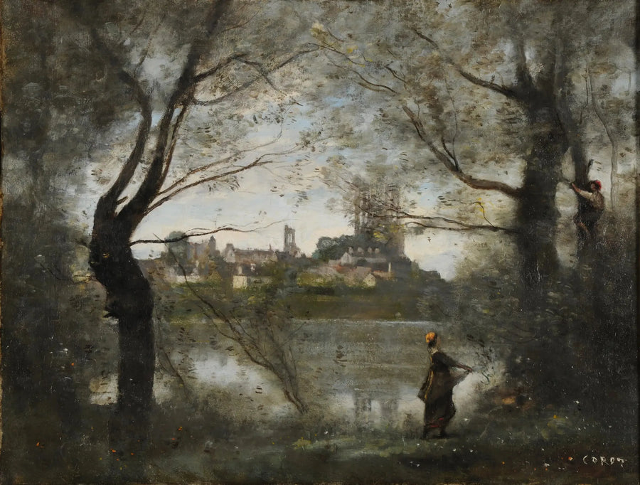 Mantes, la Cathédrale et la Ville vues à travers les arbres, le soir - Jean-Baptiste Camille Corot