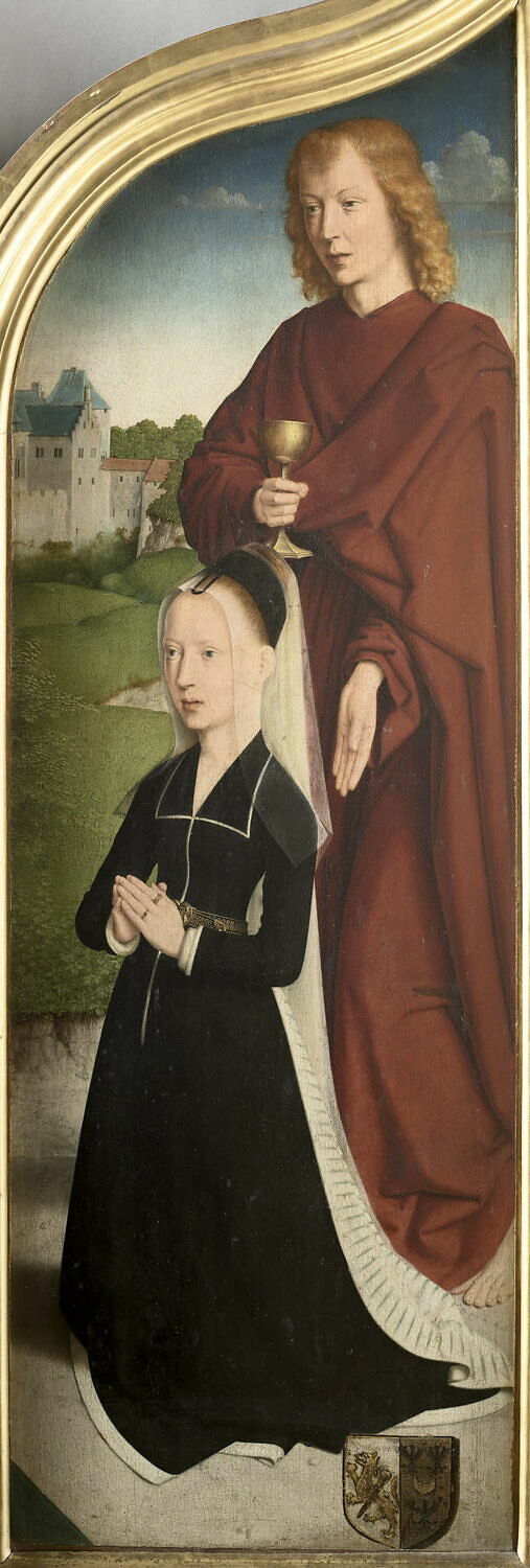 Marie, épouse de Jean de Sedano, en prière avec saint Jean l'Évangéliste ; face externe : Ève, nue - Gérard David