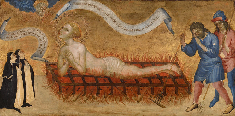 Martyre de Saint Laurent avec deux nonnes bénédictines - Giovanni di Paolo