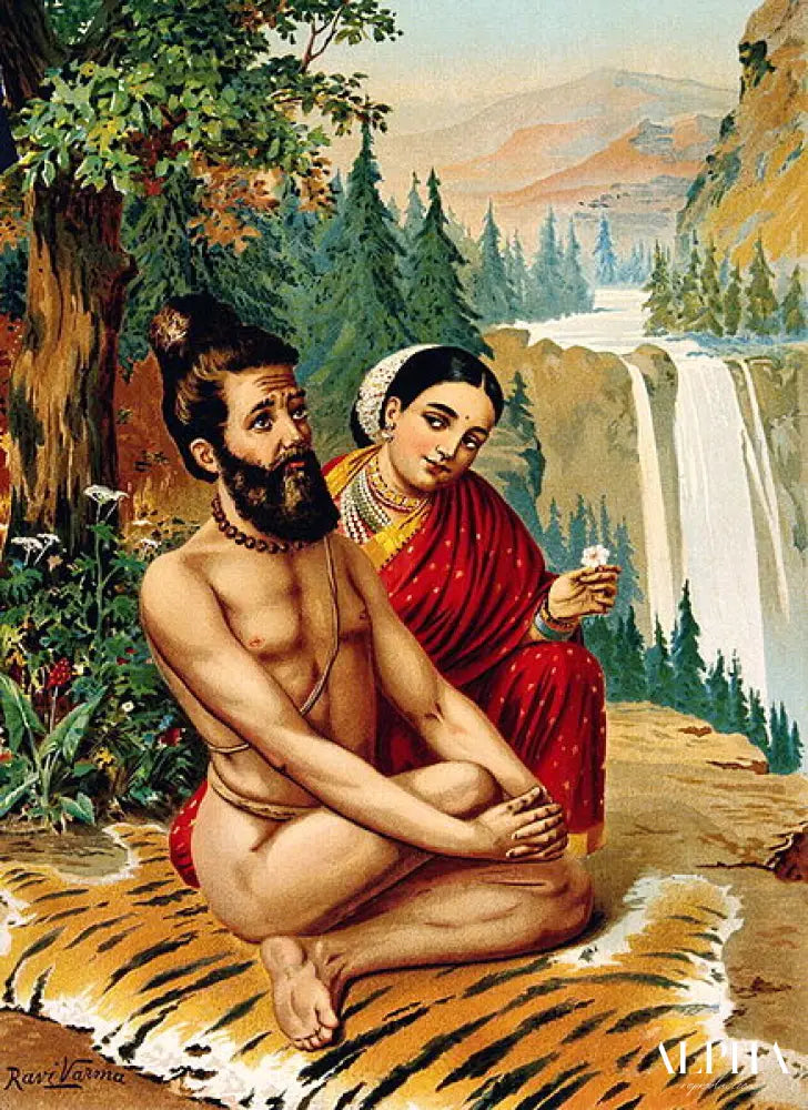 Ménaka la nymphe tentant le yogi - Ravi Varmâ - Reproductions de tableaux et peintures haut de gamme