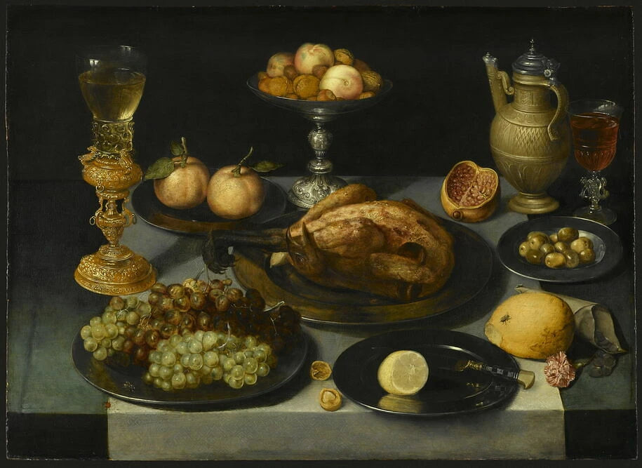 Mets, fruits et verre sur une table - Peter Binoit