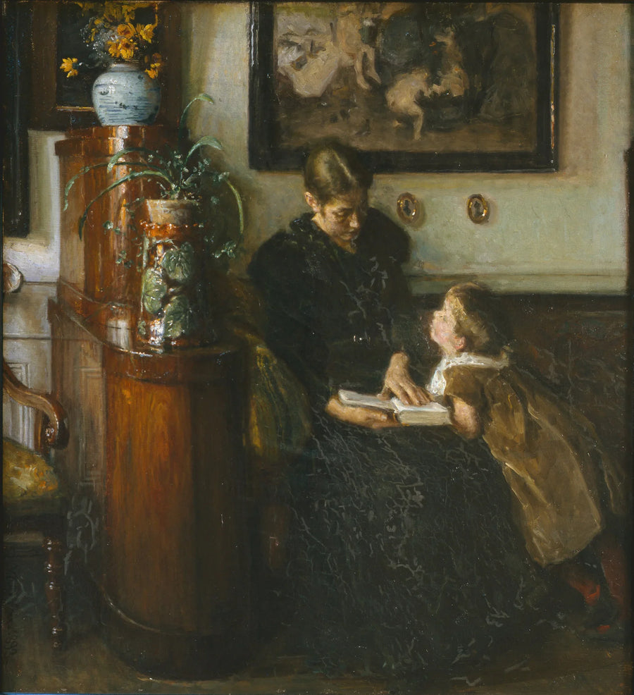 Moder skal læse. Kunstnerens hustru og barn - Viggo Johansen