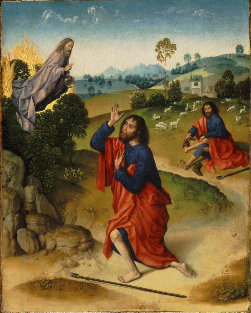 Moïse et le buisson ardent, avec Moïse qui enlève ses chaussures - Dirk Bouts