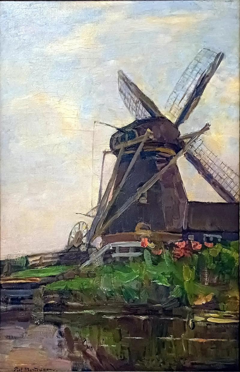 Moulin d'Oostzijdse, esquisse à l'huile verticale avec ciel bleu - Piet Mondrian