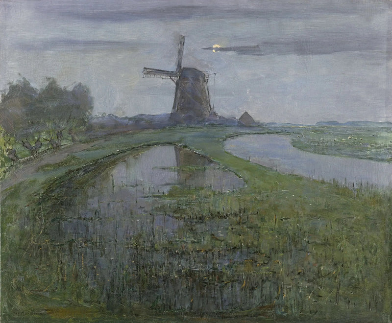 Moulin d'Oostzijdse le long de la rivière Gein au clair de lune - Piet Mondrian