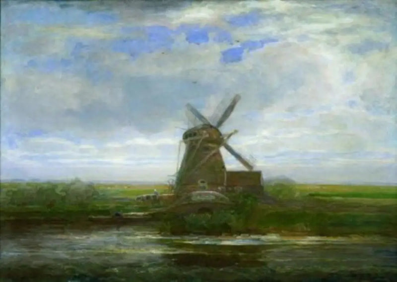 Moulin d'Oostzijdse avec coucher de soleil panoramique, moulin au centre - Piet Mondrian