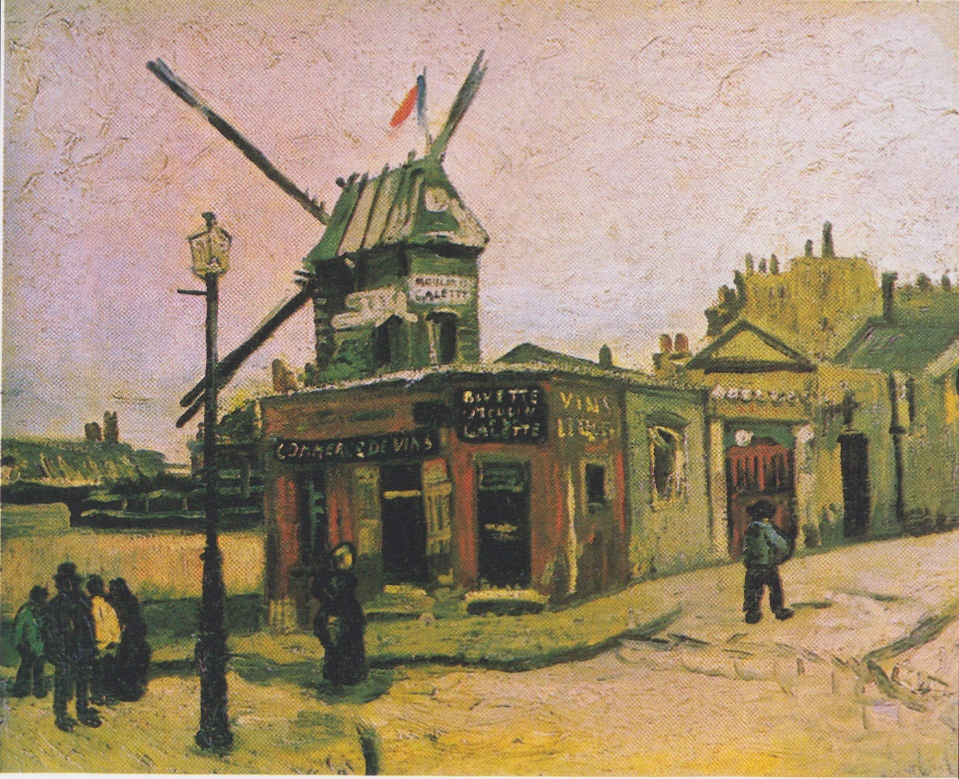 Le Moulin de la Galette F228 — façade rouge, moulin et passants peints par Vincent van Gogh à Montmartre