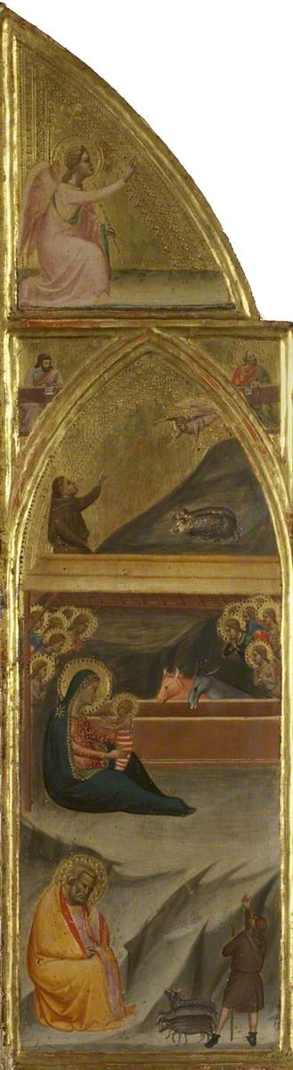 Nativité, et deux évangélistes, et l'ange de l'Annonciation (triptyque, volet gauche) (recto) - Bernardo Daddi