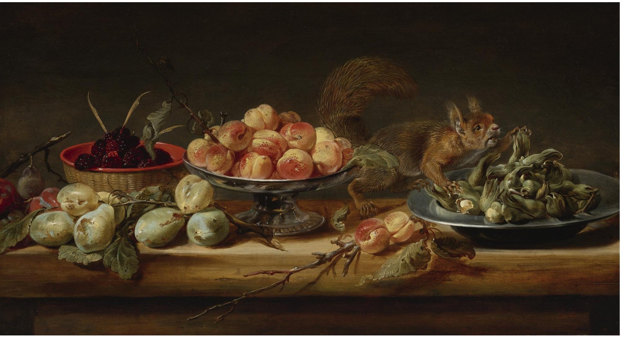 Nature morte avec des pêches dans une coupe, des noisettes sur une assiette en étain, des framboises dans un panier, avec des poires et un écureuil sur une table - Frans Snyders image 1 reproduction artisanale de tableau