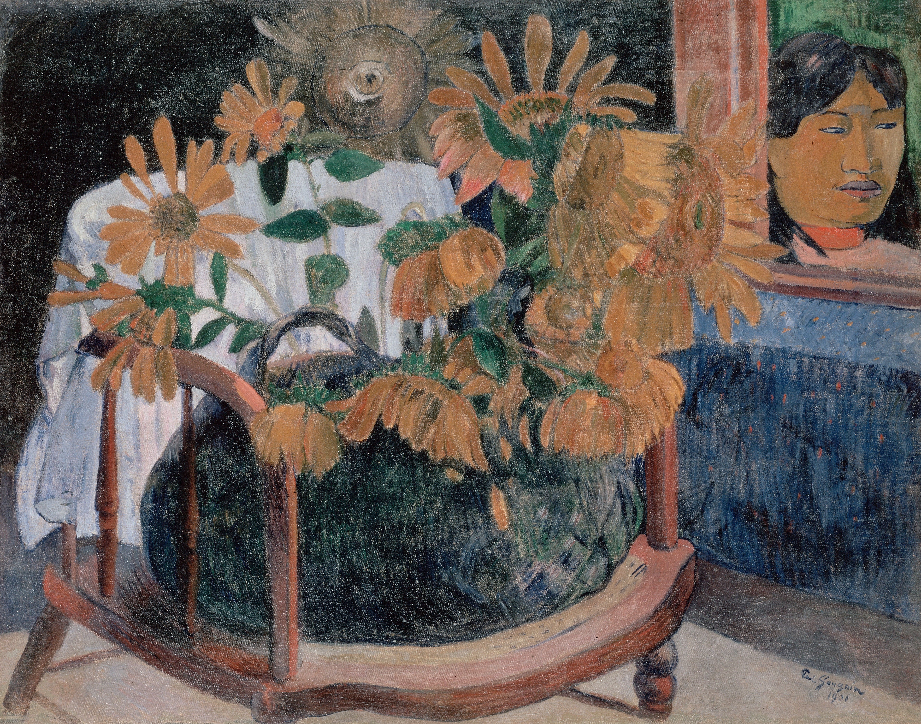 Reproduction du tableau « Nature morte avec des tournesols sur un fauteuil (II) - Paul Gauguin » par Alpha Reproduction en peinture à l’huile