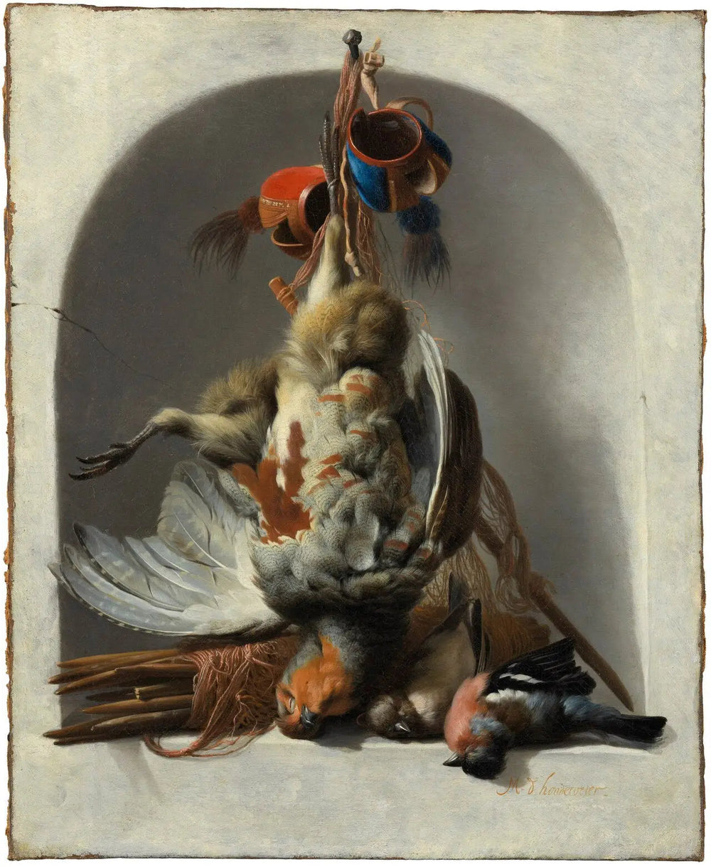 Nature morte avec oiseaux et matériel de chasse dans une niche - Melchior de Hondecoeter - Alpha Reproduction