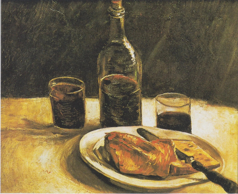 Nature morte à la bouteille, deux verres, pain et fromage – artiste anonyme