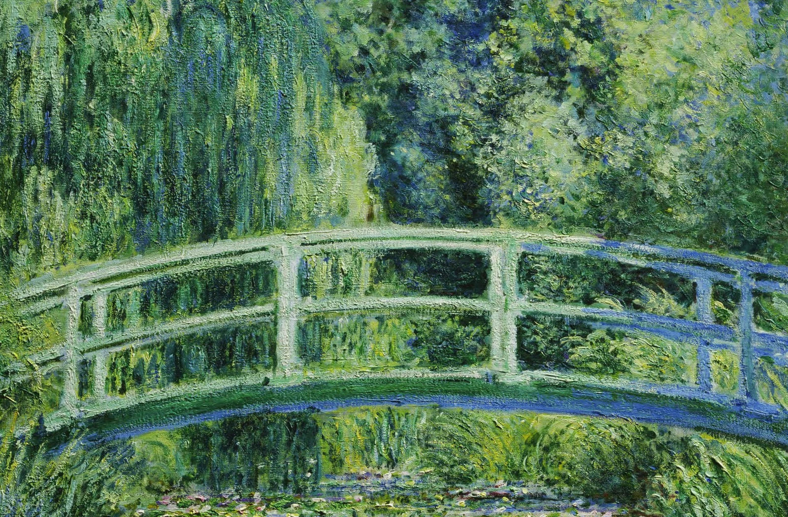 Détail de la passerelle verte et des saules dans Nénuphars et pont japonais W1509