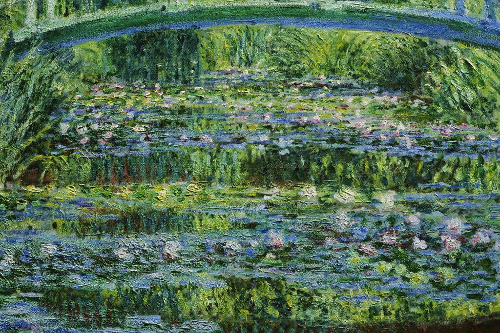 Détail des nymphéas et des reflets dans l’œuvre de Princeton W1509 de Claude Monet