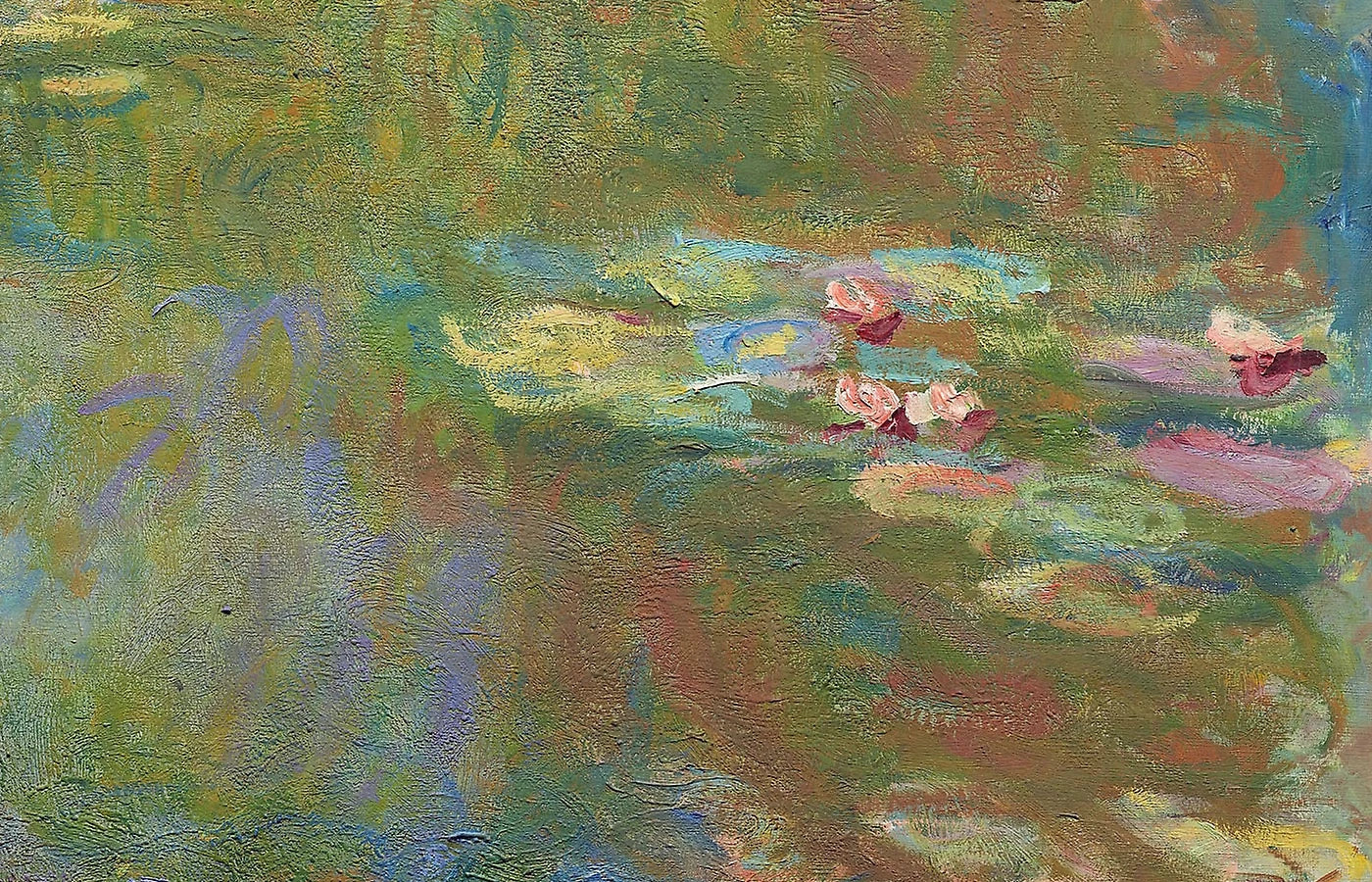 Détail des fleurs roses et des reflets verts dans le Bassin aux nymphéas W1889