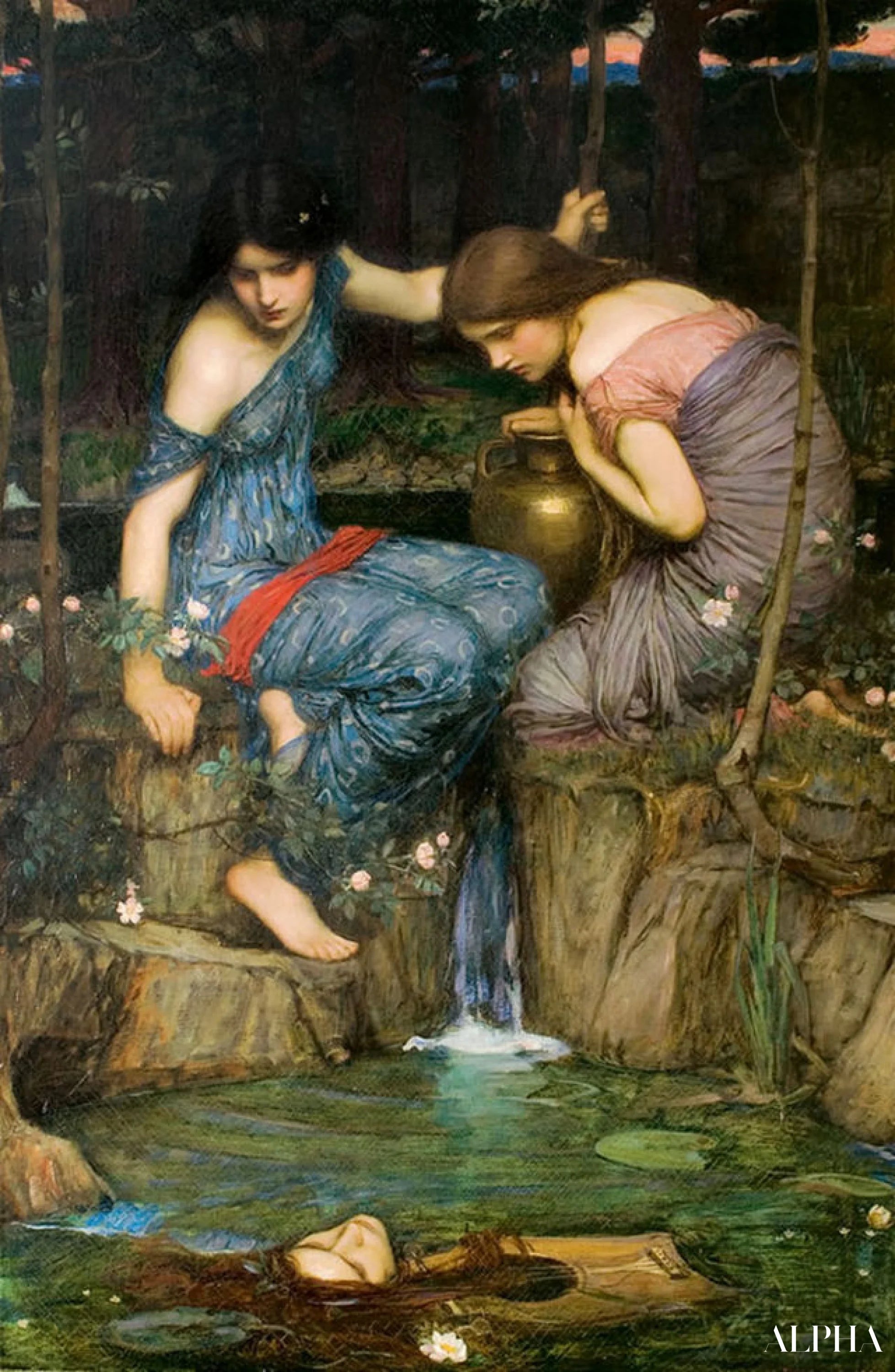Reproduction du tableau « Nymphes trouvant la tête d'Orphée - John William Waterhouse » par Alpha Reproduction en peinture à l’huile