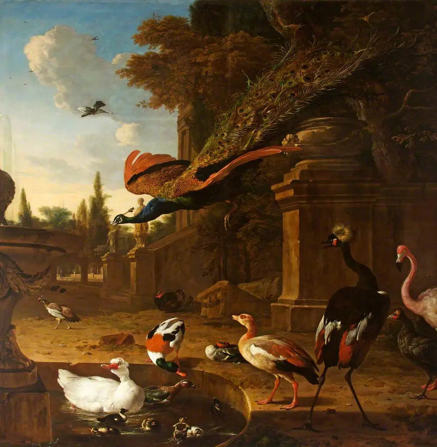 Oiseaux d'ornement dans et à côté d'un étang dans un parc, avec un paon en vol - Melchior de Hondecoeter