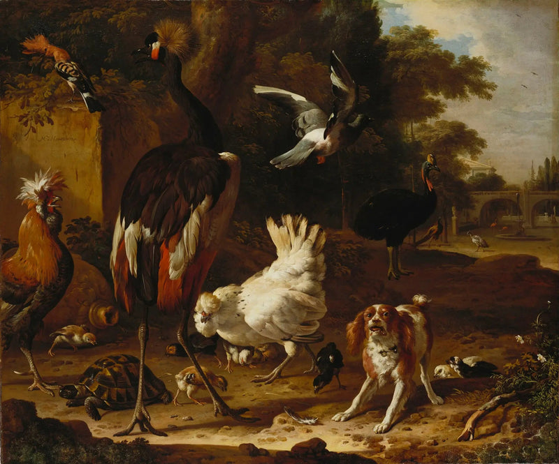 Oiseaux et épagneul dans un jardin - Melchior de Hondecoeter