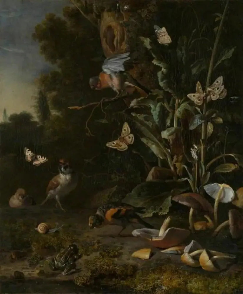 Oiseaux, papillons et une grenouille parmi les plantes et les champignons - Melchior de Hondecoeter