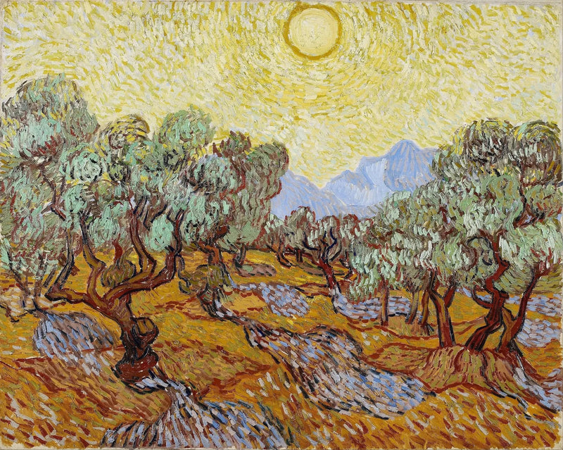 Oliviers avec ciel jaune et soleil, F710 – Van Gogh