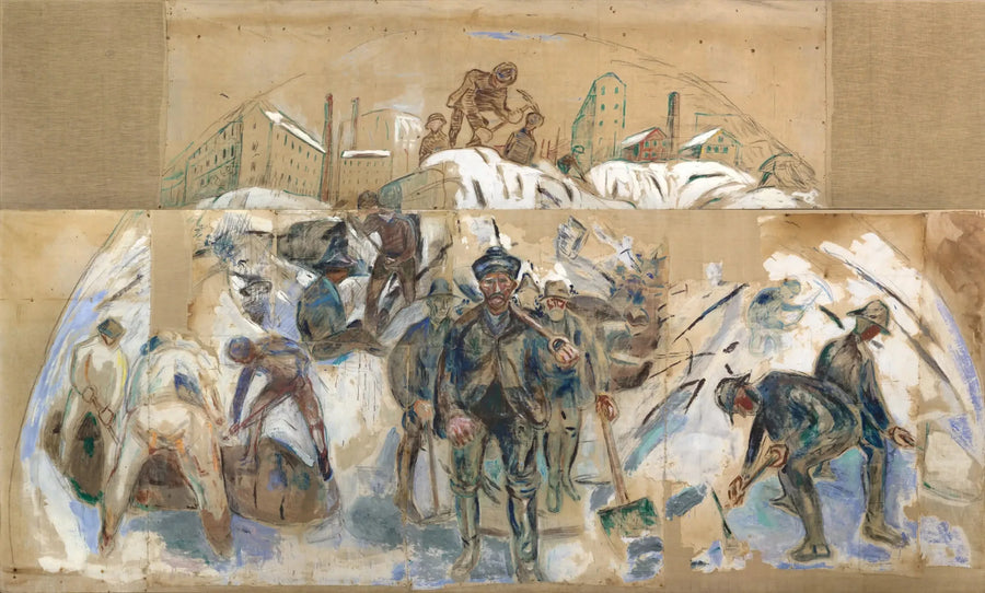 Ouvriers sur le chantier de construction. Esquisse pour un décor de l'hôtel de ville d'Oslo - Edvard Munch