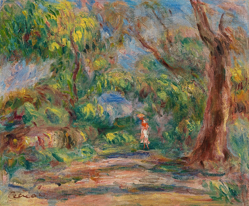Paysage, allée de ferme avec femme en rouge et blanc, 1918 – Renoir