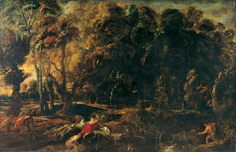 Paysage avec Atalante et Méléagre poursuivant le sanglier de Calydon (Ovide, Métamorphoses, VIII, 229-237) - Jacob Jordaens image 1 reproduction réalisée par Alpha Reproduction