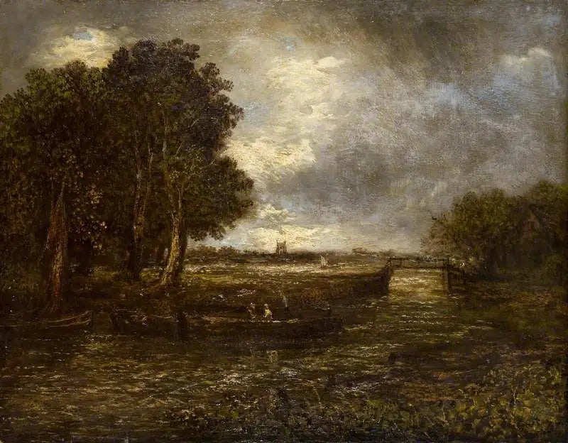 Paysage avec des péniches sur une rivière - John Constable