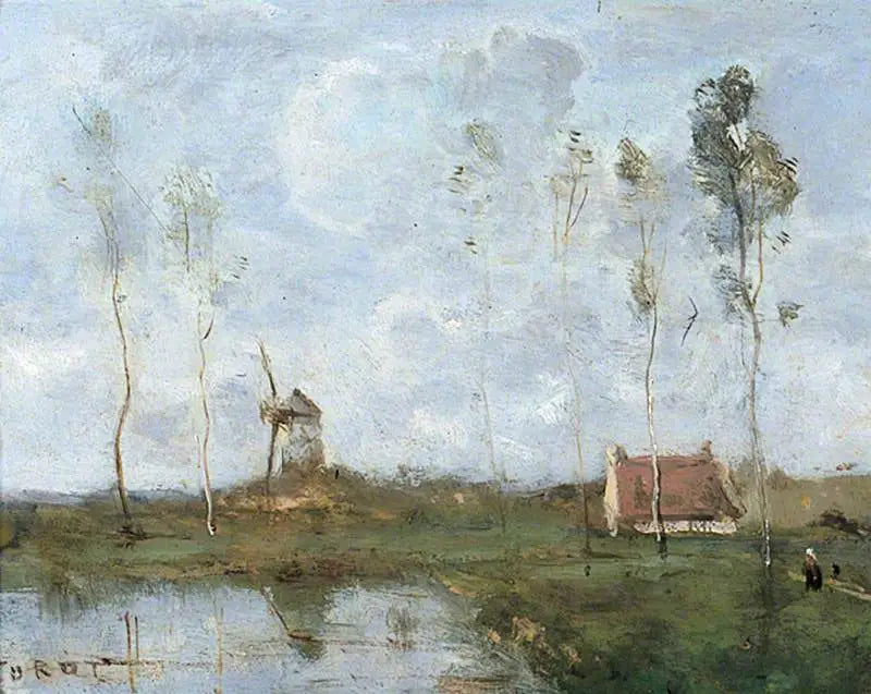 Paysage avec un chalet et un moulin à vent - Jean-Baptiste Camille Corot