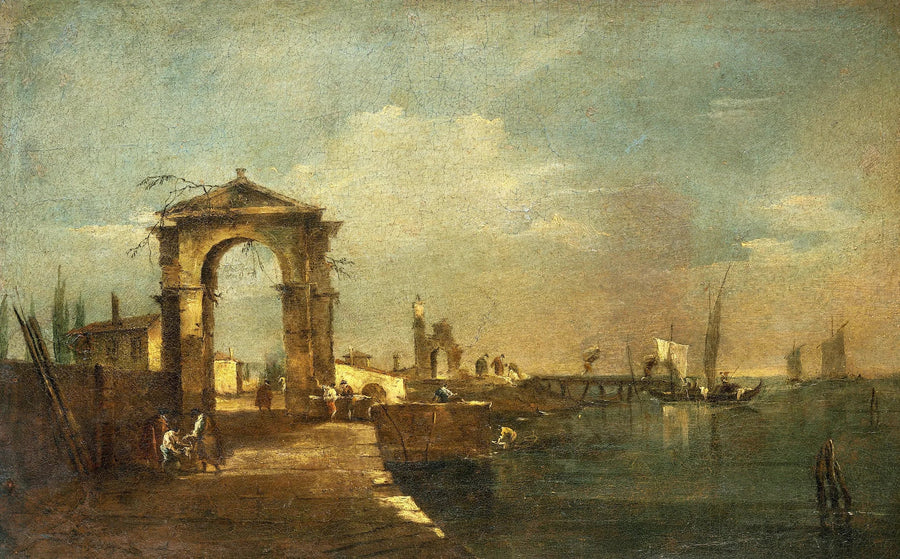 Paysage avec un quai et des bateaux sur un lac - Francesco Guardi