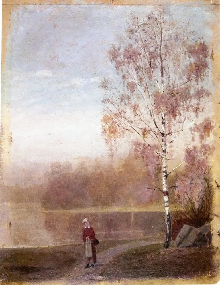 Paysage avec une femme marchant le long d'un lac - Edvard Munch