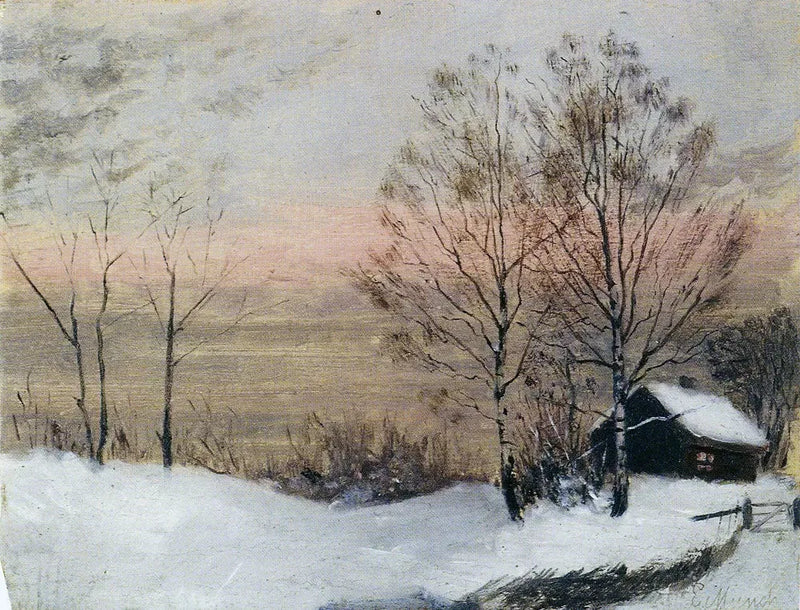Paysage d'hiver avec maison et ciel rouge - Edvard Munch