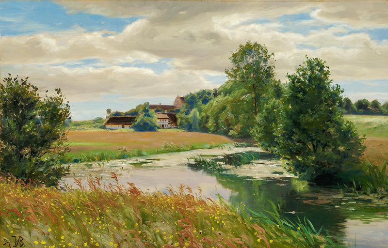 Paysage d'été au bord d'une rivière près d'une église. - H. A. Brendekilde