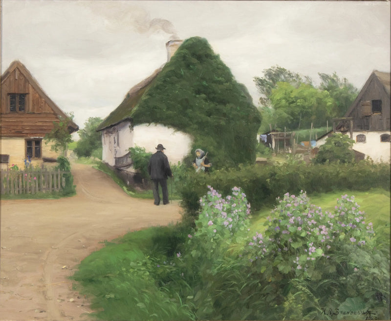 Paysage d'un village avec des personnes en conversation - H. A. Brendekilde