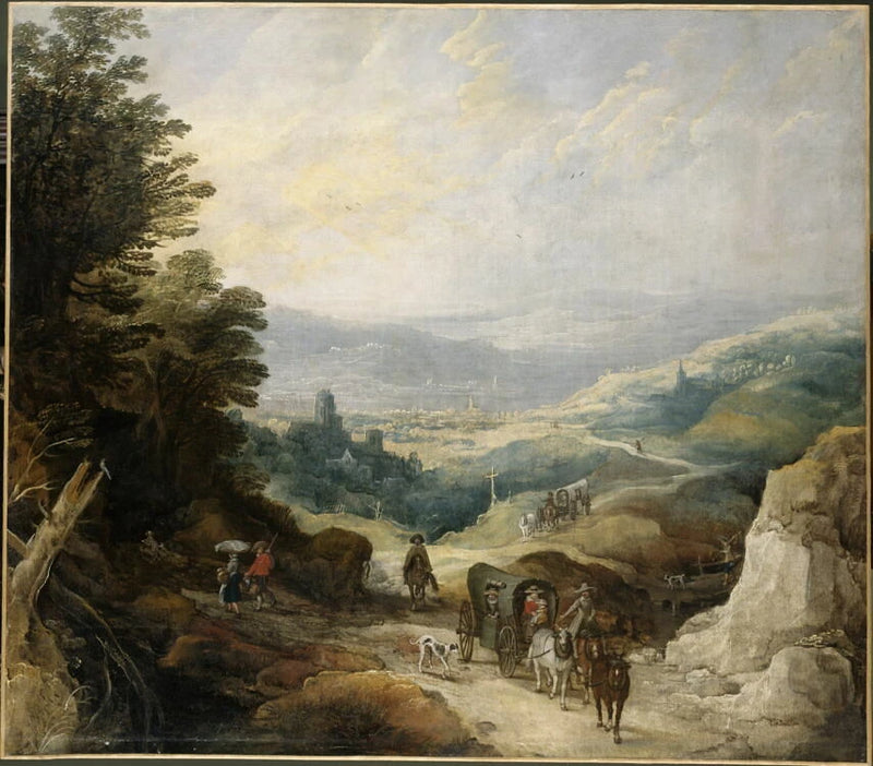 Paysage montagneux avec deux coches et un cavalier - Sebastiaen Vrancx