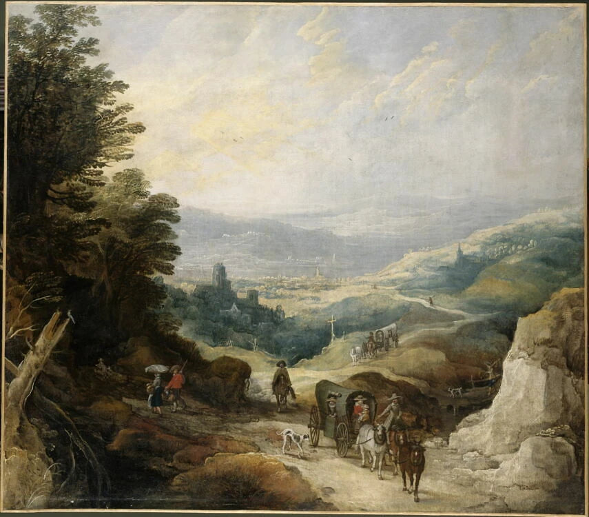 Paysage montagneux avec deux coches et un cavalier - Sebastiaen Vrancx