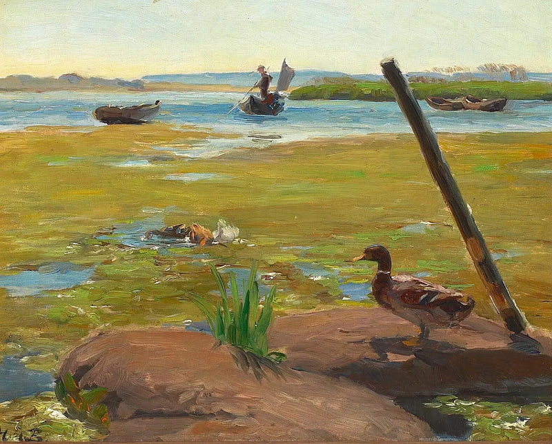 Paysage près de Jyllinge avec un canard. À l'arrière-plan, un homme fait du punting. - H. A. Brendekilde
