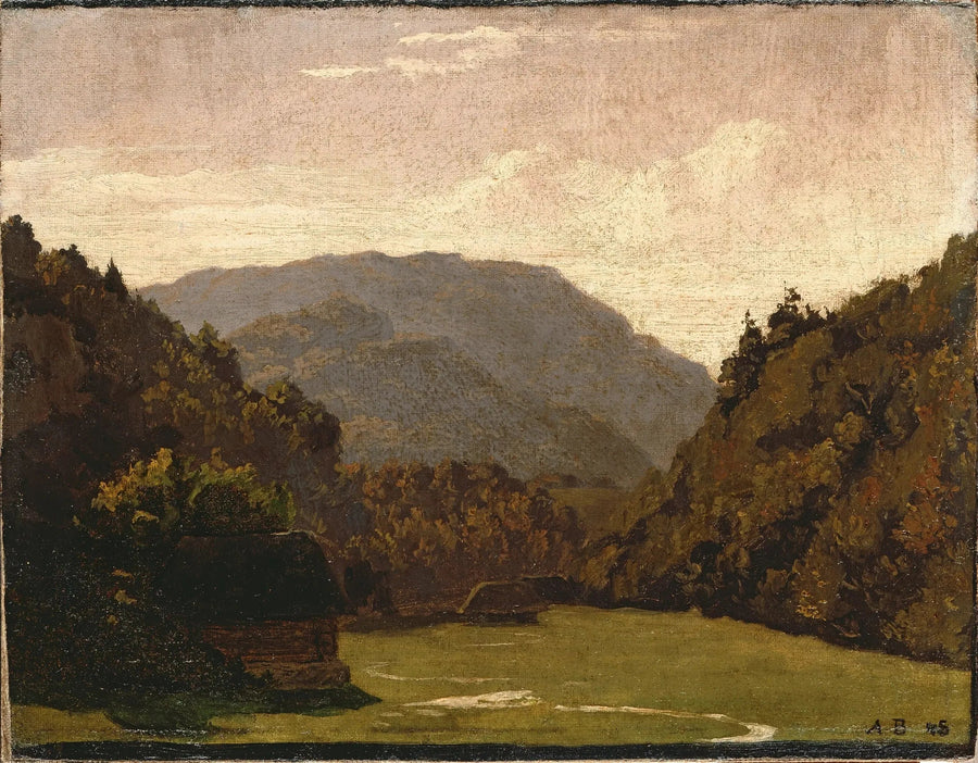 Paysage vallonné avec des cabanes en rondins et un ruisseau dans la plaine - Arnold Böcklin