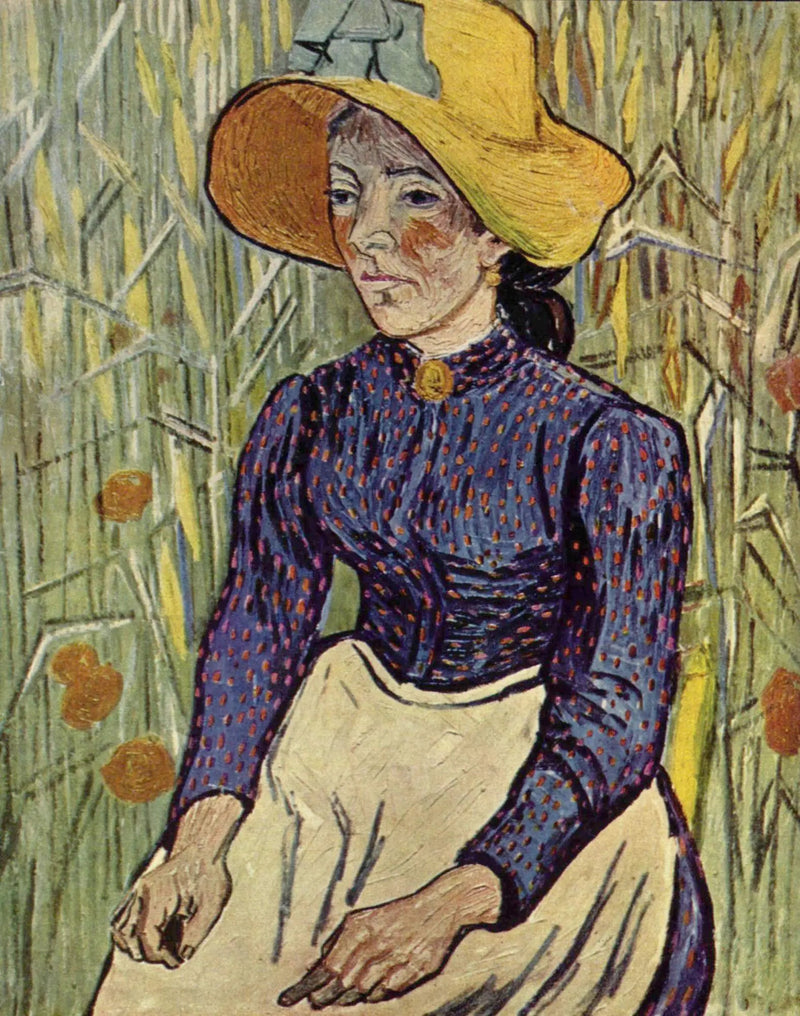 Paysanne au chapeau de paille assise devant un champ de blé - Vincent van Gogh