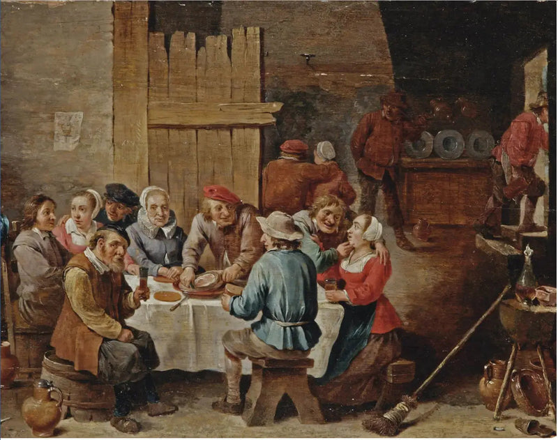 Paysans mangeant et buvant dans un intérieur - David Teniers le Jeune